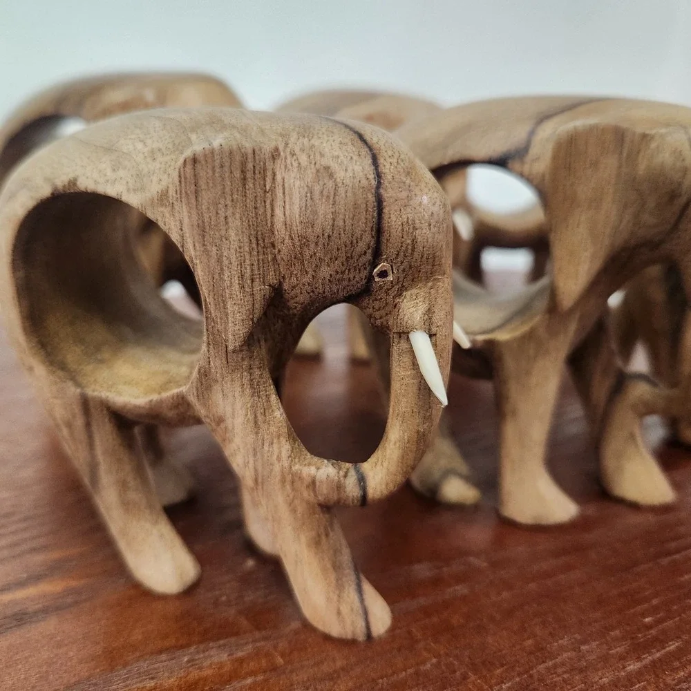Vintage‎ standing wooden elephant napkin ring holders set of 6
